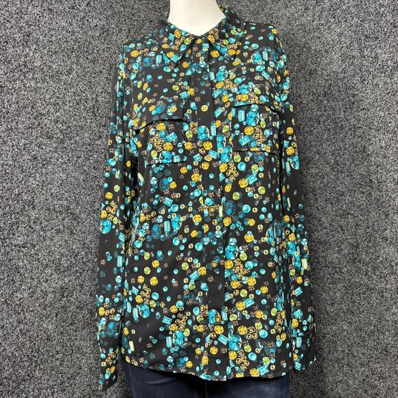 Ellen Tracy Maximalist Gem Jewel Button Blouse Small Casual Luxe Gold Aqua Bold - Picture 1 of 6